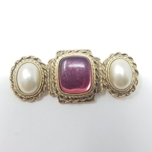 Vintage Faux Pearl and Purple Pink Cabochon 80s Bar Brooch Lapel Pin, Gold Tone - Picture 5 of 5